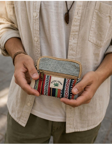 Unisex Square Hemp Coin Purse with Ethnic Prints | Kimago