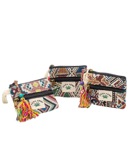 Handmade Rectangular Hemp Coin Purse with Colorful Pom-Pom | Kimago
