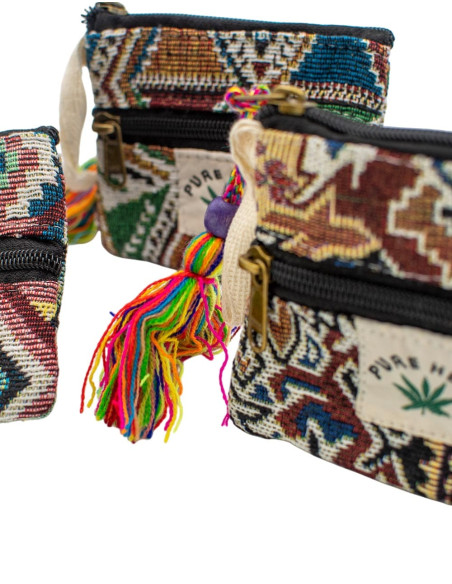 Handmade Rectangular Hemp Coin Purse with Colorful Pom-Pom | Kimago