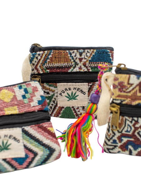 Handmade Rectangular Hemp Coin Purse with Colorful Pom-Pom | Kimago