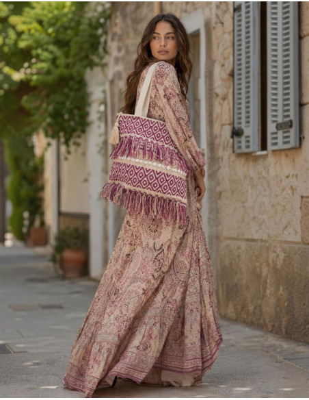 Large Boho Indian Handcrafted Bag with Fringe and Pom-Poms | Kimago