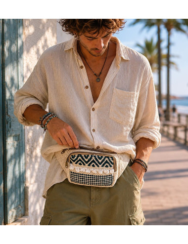 Boho Cotton Fanny Pack with Fringe and Pom-Poms | Kimago