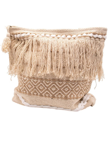 Boho Beige and Bone Bag with Fringe and Pom-Poms