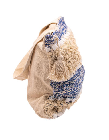 Blue Boho Bag with Pom-Poms and Handmade Details