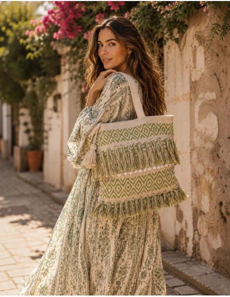 Light Green Boho Bag with Fringe and Handmade Details