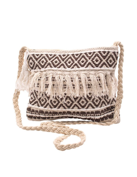 Boho Off-White Bag with Brown Details, Fringe and Pom-Poms