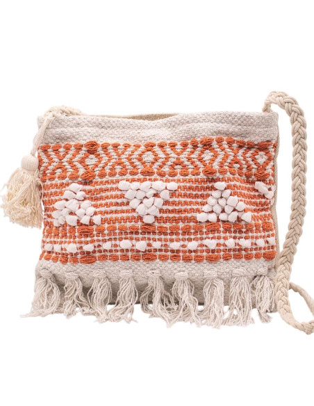 Boho Raw Bag with Fringe and Orange Embroidery